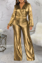Gold Casual Solid Patchwork V-Ausschnitt Straight Jumpsuits