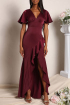 赤 カジュアル ソリッド パッチワーク フラウンス 非対称 V ネック イブニングドレス ドレス
