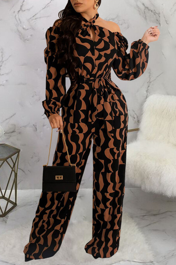 Kaffee Casual Print Patchwork Halfter Jumpsuits