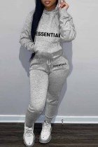 Grey Street Print Letter Hooded Collar Long Sleeve Two Pieces