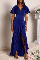ブルー カジュアル ソリッド パッチワーク フラウンス 非対称 Vネック イブニングドレス ドレス