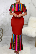 Кирпично-красные винтажные платья русалки с воланами и круглым вырезом