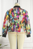 Multicolor Casual Print Patchwork Buckle Turndown Collar Plus Size Tops
