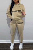 Khaki Street Print Letter Hooded Collar Long Sleeve Two Pieces