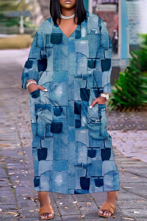 Vestidos retos azul estampado casual patchwork decote em v