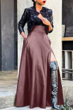 Brown Sexy Solid Patchwork Slit Straight High Waist Type A Solid Color Bottoms