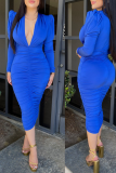 ロイヤル ブルー セクシー ソリッド パッチワーク V ネック ペンシル スカート ドレス