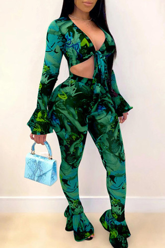 Green Sexy Print Bandage Patchwork See-through V Neck Long Sleeve Two Pieces