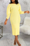 Light Yellow Casual Solid Patchwork Fold O Neck Straight Dresses