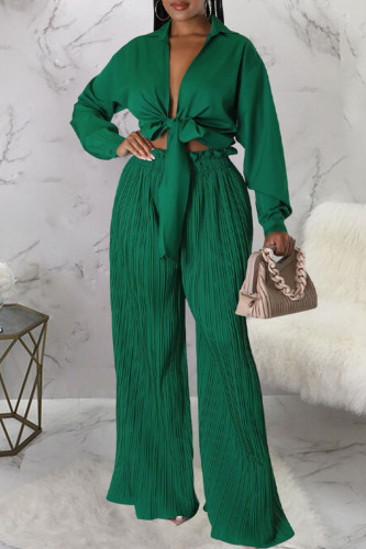 Green Sexy Solid Bandage Patchwork Fold Long Sleeve Two Pieces