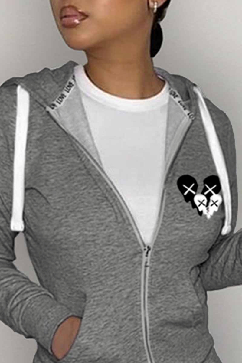 

Grey Casual Print Patchwork Hooded Collar Tops