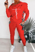 Röd Casual Sportswear Print Patchwork Dragkedja Hooded Collar Långärmad Två delar