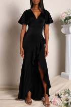 ブラック カジュアル ソリッド パッチワーク フラウンス 非対称 Vネック イブニングドレス ドレス