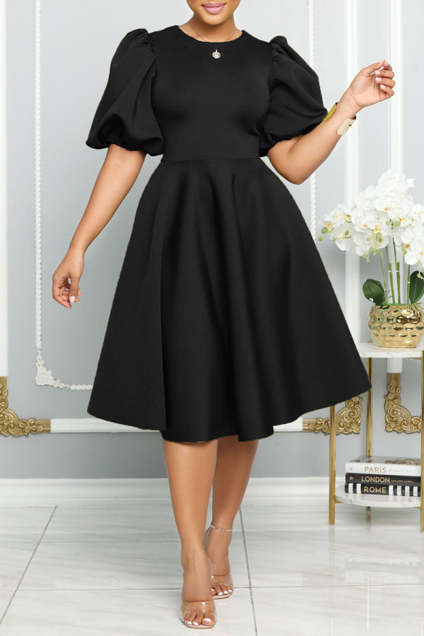 Zwarte casual effen patchwork O-hals A-lijn jurken