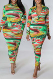 Vestidos de manga longa gola alta com estampa colorida casual patchwork