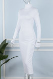 Weiße, lässige, solide bestickte Patchwork-Reißverschlusskragen-Ein-Schritt-Rock-Kleider