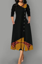 Vestidos rectos con cuello en V y patchwork con estampado informal negro