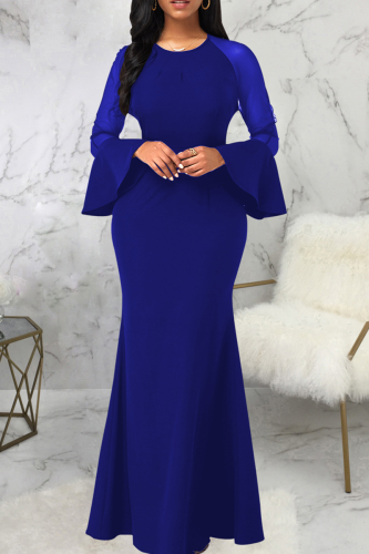 Blue Party Solid Mesh O Neck Trumpet Mermaid Dresses