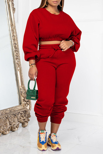 Red Casual Sportswear Solid Patchwork O Neck Long Sleeve Two Pieces