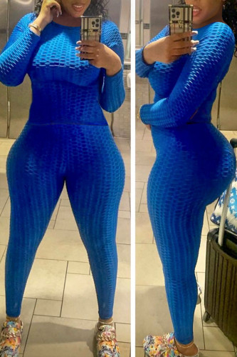Blue Casual Solid Patchwork O Neck Long Sleeve Two Pieces