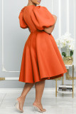 Tangerine Red Casual Solid Patchwork O Neck A Line Robes