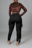 Rose Red Sexy Solid Tassel Skinny High Waist Pencil Solid Color Bottoms