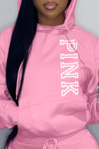 Pink Casual Print Letter Hooded Collar Tops