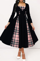 Zwarte casual geruite print patchwork vierkante kraag A-lijn jurken