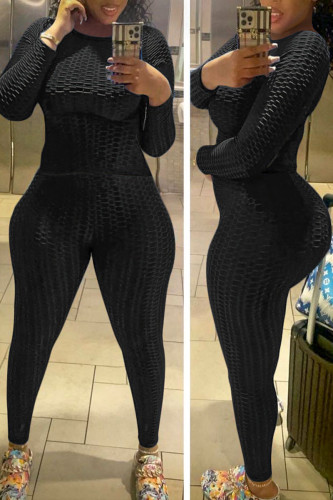 Black Casual Solid Patchwork O Neck Long Sleeve Two Pieces