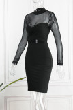 Negro sexy sólido patchwork con lazo medio cuello alto lápiz falda vestidos