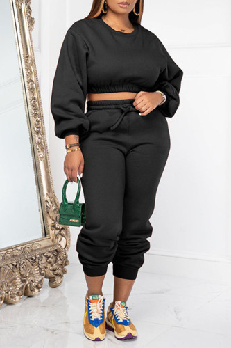 Black Casual Sportswear Solid Patchwork O Neck Long Sleeve Two Pieces