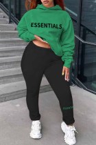 Чернила Зеленая спортивная одежда с буквенным принтом Воротник с капюшоном Длинный рукав Из двух частей