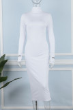 Vestidos de saia de um passo branco casual bordado sólido bordado com zíper