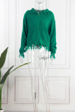 Green Casual Solid Tassel Patchwork Hooded Collar Tops