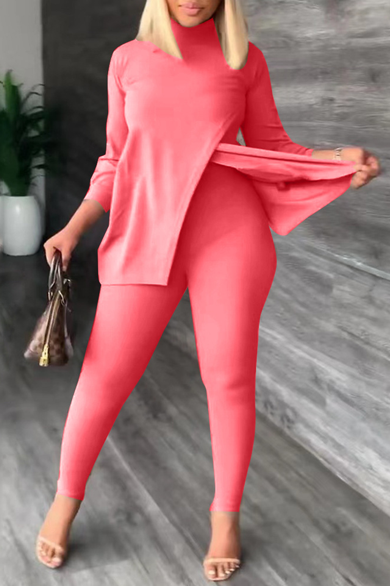 

Pink Casual Solid Patchwork Half A Turtleneck Long Sleeve Two Pieces