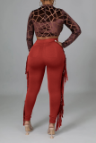 Rose Red Sexy Solid Quaste Skinny High Waist Pencil Solid Color Bottoms