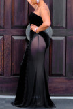Zwarte sexy effen patchwork doorschijnende strapless lange jurk jurken