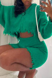 Tops de cuello con capucha de retazos de borlas sólidas informales verdes