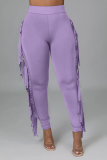 Purple Sexy Solid Tassel Skinny High Waist Pencil Solid Color Bottoms