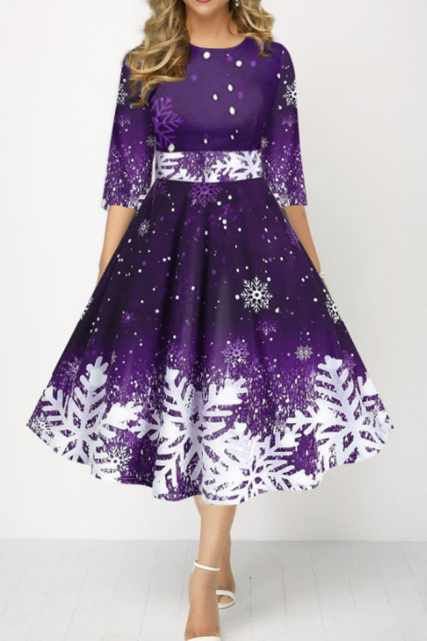 Paarse A-lijn jurken met casual print en patchwork