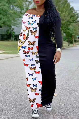 Veelkleurige casual vlinderprint patchwork off-shoulder jurken met lange mouwen