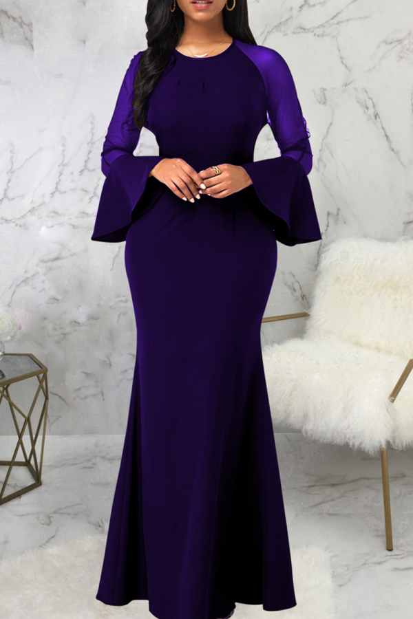 Темно-фиолетовые вечерние однотонные сетчатые платья с круглым вырезом и русалкой