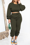 Army Green Casual Sportswear Solid Patchwork O-hals långärmad två delar