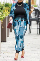 Blue Fashion Casual Print Patchwork Long Sleeve Two Pieces