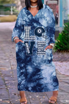 Robes droites à col en V et patchwork imprimé décontracté bleu eau