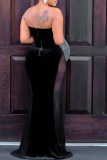 Schwarzes, sexy, solides, durchsichtiges, trägerloses, langes Kleid aus Patchwork