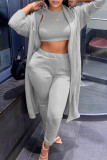 Абрикосовый модный повседневный однотонный кардиган, жилеты, брюки с круглым вырезом и длинным рукавом, комплект из трех предметов