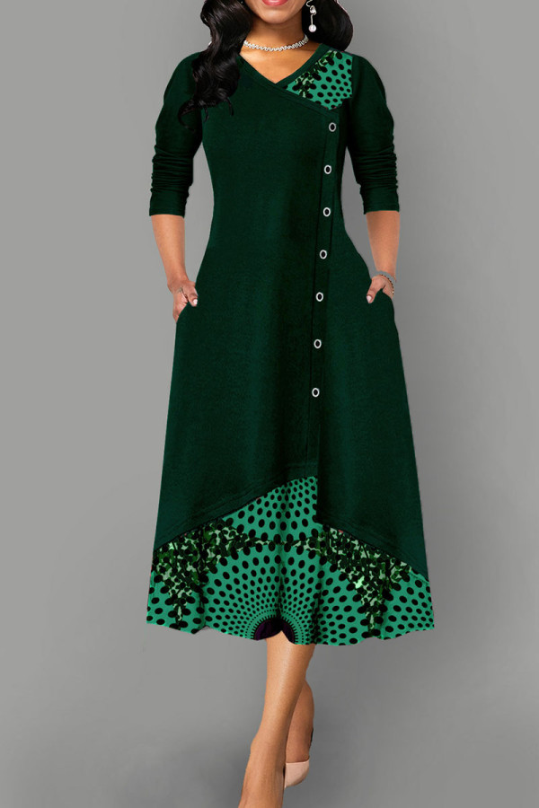 Зеленые повседневные прямые платья с принтом в стиле пэчворк и V-образным вырезом