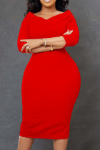 Rojo Casual Elegante Sólido Patchwork Cuello en V Un paso Falda Vestidos