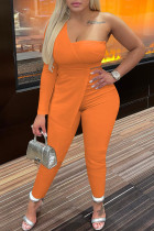 Оранжевый сексуальный повседневный сплошной пэчворк с открытой спиной асимметричный одно плечо с длинным рукавом из двух частей